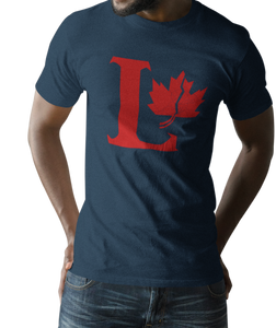 Design is a large red capital L beside a red maple leaf with a fracture. Printed on simply, a great navy tee.