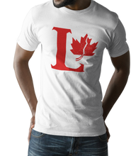 Load image into Gallery viewer, Design is a large red capital L beside a red maple leaf with a fracture. Printed on simply, a great white tee.