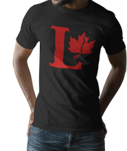 Load image into Gallery viewer, Design is a large red capital L beside a red maple leaf with a fracture. Printed on simply, a great black tee.