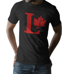 Design is a large red capital L beside a red maple leaf with a fracture. Printed on simply, a great black tee.