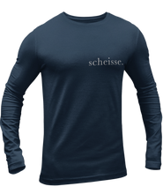 Load image into Gallery viewer, The design is the word scheisse. in white lettering. The design is printed on left side of this true navy long sleeve shirt.