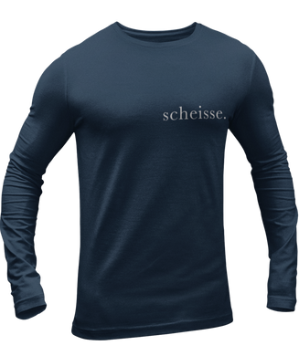 The design is the word scheisse. in white lettering. The design is printed on left side of this true navy long sleeve shirt.