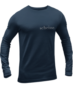 The design is the word scheisse. in white lettering. The design is printed on left side of this true navy long sleeve shirt.