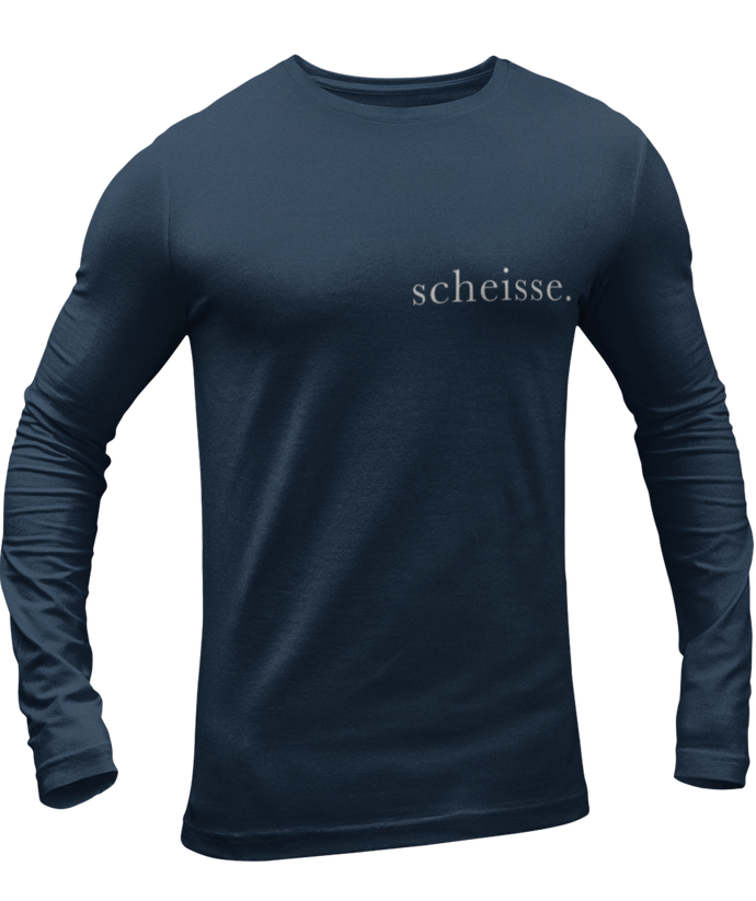 The design is the word scheisse. in white lettering. The design is printed on left side of this true navy long sleeve shirt.