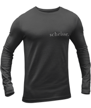 Load image into Gallery viewer, The design is the word scheisse. in white lettering. The design is printed on left side of this charcoal heather long sleeve shirt.