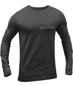 The design is the word scheisse. in white lettering. The design is printed on left side of this charcoal heather long sleeve shirt.