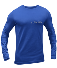 Load image into Gallery viewer, The design is the word scheisse. in white lettering. The design is printed on left side of this true royal blue long sleeve shirt.