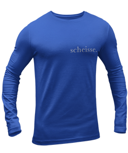 The design is the word scheisse. in white lettering. The design is printed on left side of this true royal blue long sleeve shirt.