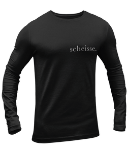 The design is the word scheisse. in white lettering. The design is printed on left side of this black long sleeve shirt.