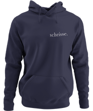 Load image into Gallery viewer, The design is the word scheisse. in white lettering. The design is printed on the left side of this true navy classic hoodie.