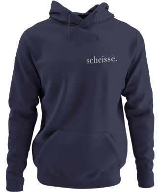 The design is the word scheisse. in white lettering. The design is printed on the left side of this true navy classic hoodie.