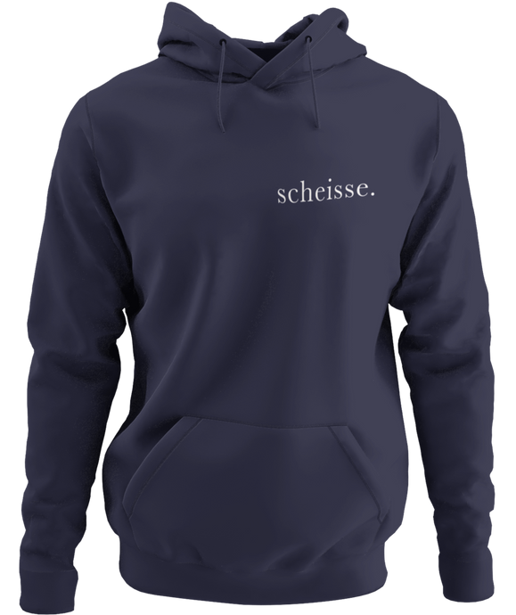 The design is the word scheisse. in white lettering. The design is printed on the left side of this true navy classic hoodie.