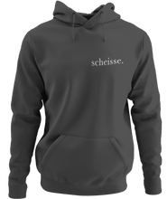 Load image into Gallery viewer, The design is the word scheisse. in white lettering. The design is printed on the left side of this charcoal heather classic hoodie.