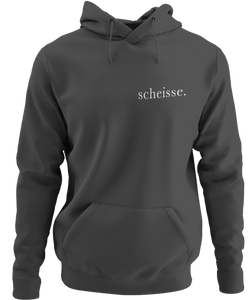 The design is the word scheisse. in white lettering. The design is printed on the left side of this charcoal heather classic hoodie.