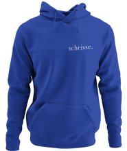 Load image into Gallery viewer, The design is the word scheisse. in white lettering. The design is printed on the left side of this true royal classic hoodie.