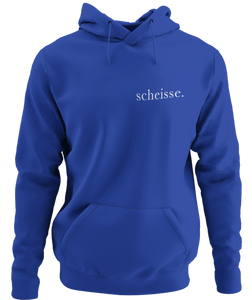 The design is the word scheisse. in white lettering. The design is printed on the left side of this true royal classic hoodie.