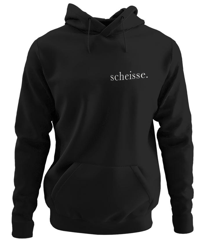 The design is the word scheisse. in white lettering. The design is printed on the left side of this black classic hoodie.