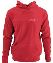 Load image into Gallery viewer, The design is the word scheisse. in white lettering. The design is printed on the left side of this true red classic hoodie.