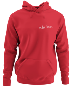 The design is the word scheisse. in white lettering. The design is printed on the left side of this true red classic hoodie.