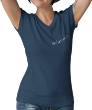 Load image into Gallery viewer, The design is the word scheisse. in white lettering. The design is printed on left side of this true navy v-neck ladies tee.