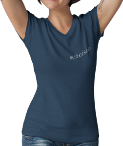 The design is the word scheisse. in white lettering. The design is printed on left side of this true navy v-neck ladies tee.