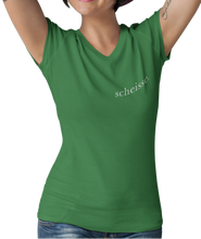 Load image into Gallery viewer, The design is the word scheisse. in white lettering. The design is printed on left side of this kelly green v-neck ladies tee.