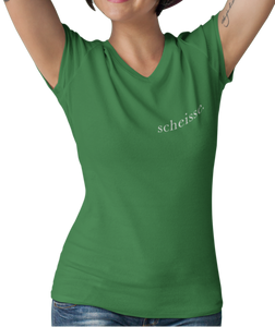 The design is the word scheisse. in white lettering. The design is printed on left side of this kelly green v-neck ladies tee.