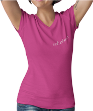 Load image into Gallery viewer, The design is the word scheisse. in white lettering. The design is printed on left side of this wild raspberry v-neck ladies tee.