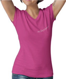 The design is the word scheisse. in white lettering. The design is printed on left side of this wild raspberry v-neck ladies tee.