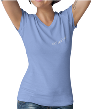 Load image into Gallery viewer, The design is the word scheisse. in white lettering. The design is printed on left side of this carolina blue v-neck ladies tee.