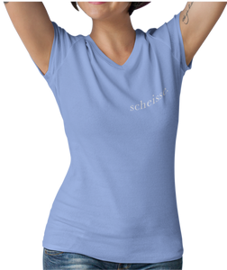 The design is the word scheisse. in white lettering. The design is printed on left side of this carolina blue v-neck ladies tee.