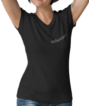 Load image into Gallery viewer, The design is the word scheisse. in white lettering. The design is printed on left side of this black v-neck ladies tee.