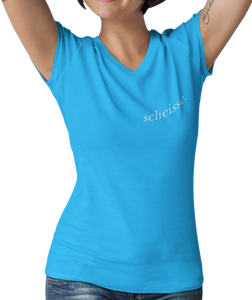 The design is the word scheisse. in white lettering. The design is printed on left side of this sapphire v-neck ladies tee.