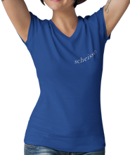 Load image into Gallery viewer, The design is the word scheisse. in white lettering. The design is printed on left side of this true royal blue v-neck ladies tee.