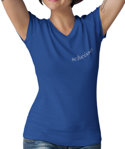 The design is the word scheisse. in white lettering. The design is printed on left side of this true royal blue v-neck ladies tee.