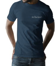 Load image into Gallery viewer, The design is the word scheisse. in white lettering. The design is printed on left side of this true navy simply great tee.