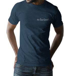 The design is the word scheisse. in white lettering. The design is printed on left side of this true navy simply great tee.