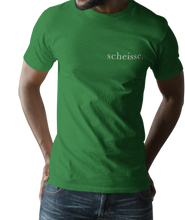 Load image into Gallery viewer, The design is the word scheisse. in white lettering. The design is printed on left side of this kelly green simply great tee.