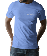 Load image into Gallery viewer, The design is the word scheisse. in white lettering. The design is printed on left side of this carolina blue simply great tee.