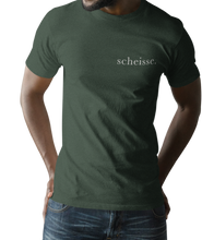 Load image into Gallery viewer, The design is the word scheisse. in white lettering. The design is printed on left side of this forest green simply great tee.