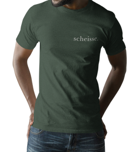 The design is the word scheisse. in white lettering. The design is printed on left side of this forest green simply great tee.