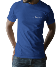 Load image into Gallery viewer, The design is the word scheisse. in white lettering. The design is printed on left side of this true royal blue simply great tee.