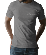 Load image into Gallery viewer, The design is the word scheisse. in white lettering. The design is printed on left side of this coal grey simply great tee.