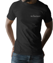 Load image into Gallery viewer, The design is the word scheisse. in white lettering. The design is printed on left side of this black simply great tee.