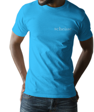 Load image into Gallery viewer, The design is the word scheisse. in white lettering. The design is printed on left side of this sapphire simply great tee.