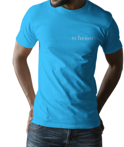 The design is the word scheisse. in white lettering. The design is printed on left side of this sapphire simply great tee.