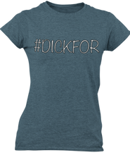 Load image into Gallery viewer, The design is the word #dickfor written in white lettering with a black outline. The design is printed on an indigo ladies tee by Next Level. 