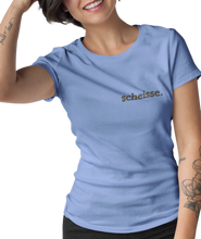 Load image into Gallery viewer, The design is the word scheisse. written in brown lettering. The design is printed on a carolina blue ladies tee.