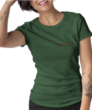 Load image into Gallery viewer, The design is the word scheisse. written in brown lettering. The design is printed on a forest green ladies tee.