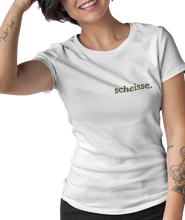 Load image into Gallery viewer, The design is the word scheisse. written in brown lettering. The design is printed on a white ladies tee.